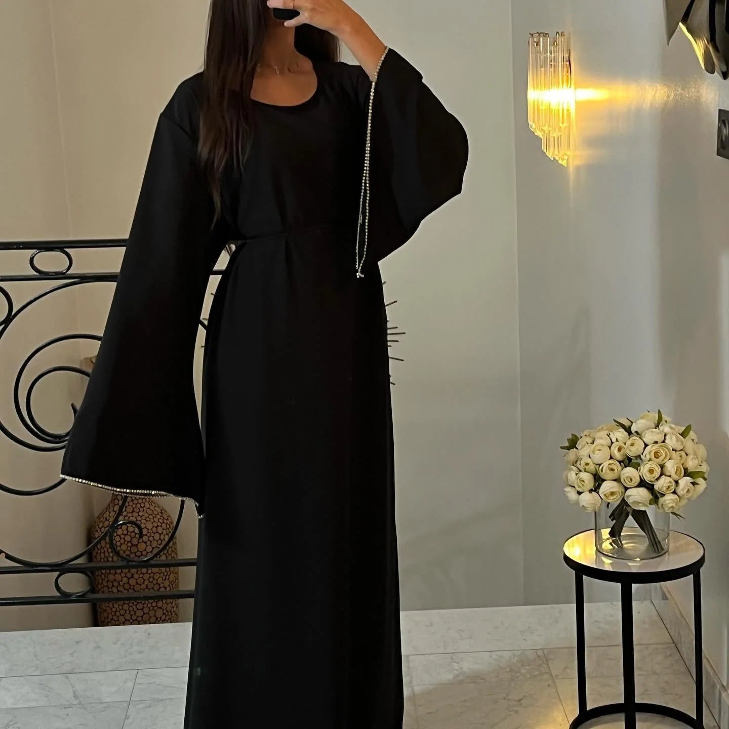 Eid Ramadan Party Dress for Women Muslim Abaya Diamond Flare Sleeve Long Dress Belt Morocco Kaftan Vestidos Dubai Robe Jalabiya - Seprincess