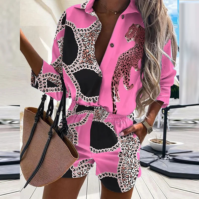 Casual Two Piece Sets Womens Outfits 2023 Spring Leopard Print Button Shirt Top And Shorts 2 Piece Set Summer Beach Shorts Women - Seprincess