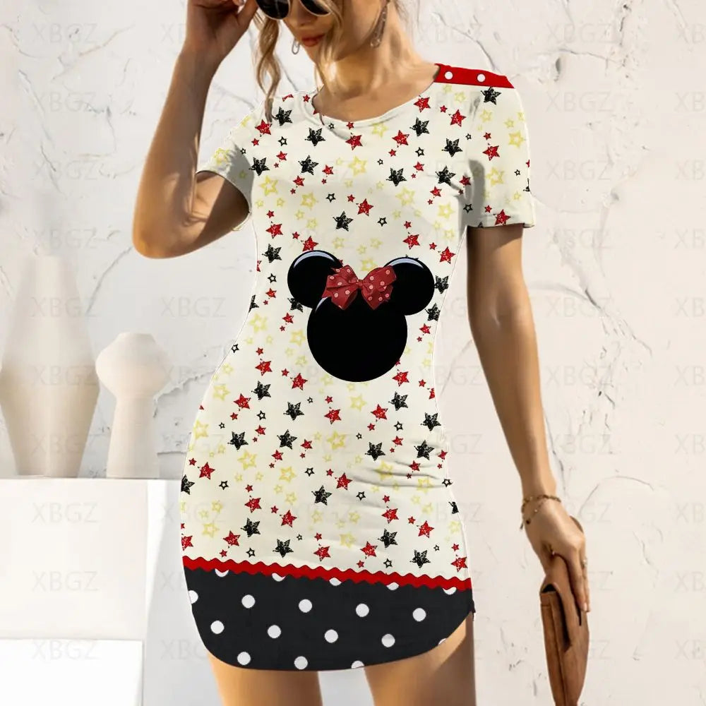 Disney Fashion Casual Elegant Dresses for Women 2024 Women's Dress Mickey Tight Minnie Mouse Cartoon Sexy Print Slim Fit Summer - Seprincess