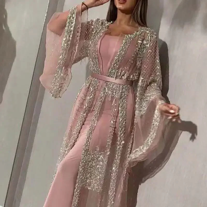 Women Fashion Party Evening Dresses Sexy Lace Maxi Long Dress High Waist Robe Summer Long Sleeve Elegant Abayas Deep V-neck Robe - Seprincess