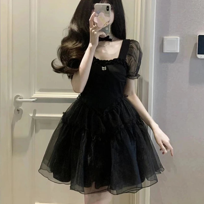 Black Mini Dress Women Bodycone High Waisted Puff Sleeve Sexy Summer Kawaii Girlish Lolita Vintage A-line Vestidos Temper French - Seprincess