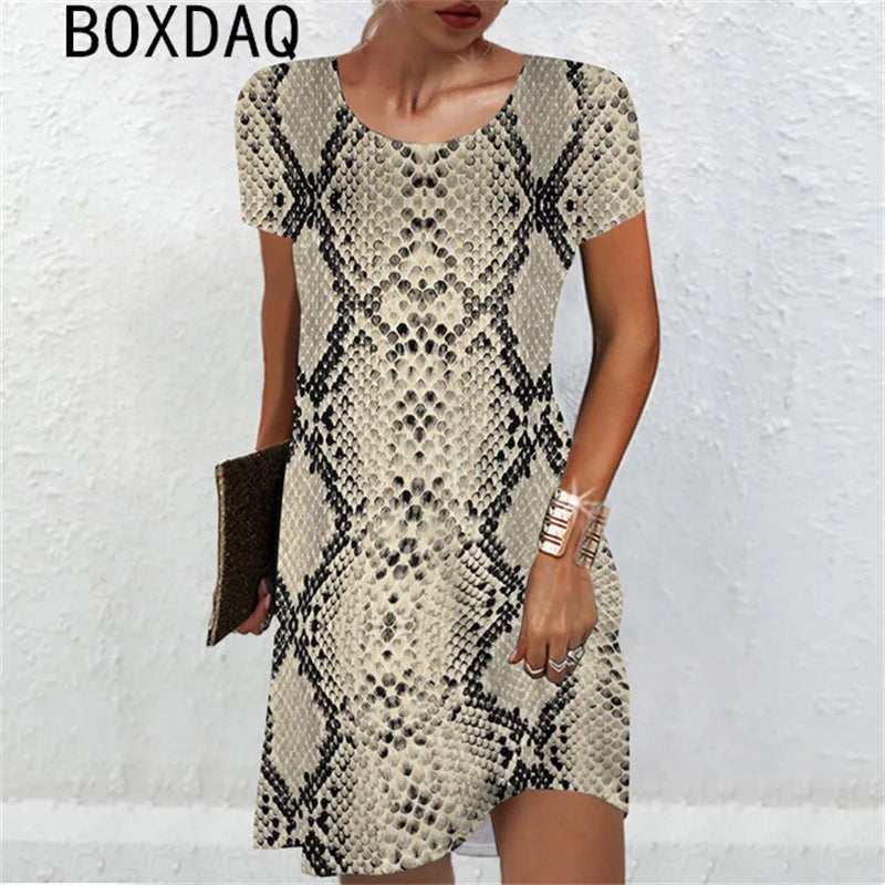 3D Sexy Snake Print Mini Dress Big Size Women Sexy Short Sleeve O-Neck Loose Dress Summer Beach Party Dress Sundress Vestidos - Seprincess