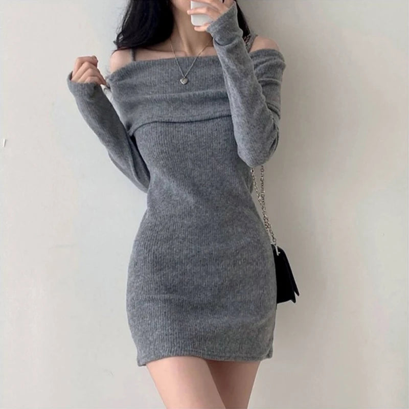 Y2K Women Knitted Mini Dress Korean Sexy Off Shoulder Female Dress Spring New Spaghetti Strap Long Sleeve Ladies Vestidos - Seprincess