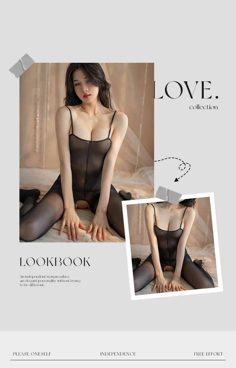 Bodysuit Sling thin mesh black silk open cut jumpsuit sexy. items crotchless Lingeriesexy female intimate open crotch - Seprincess