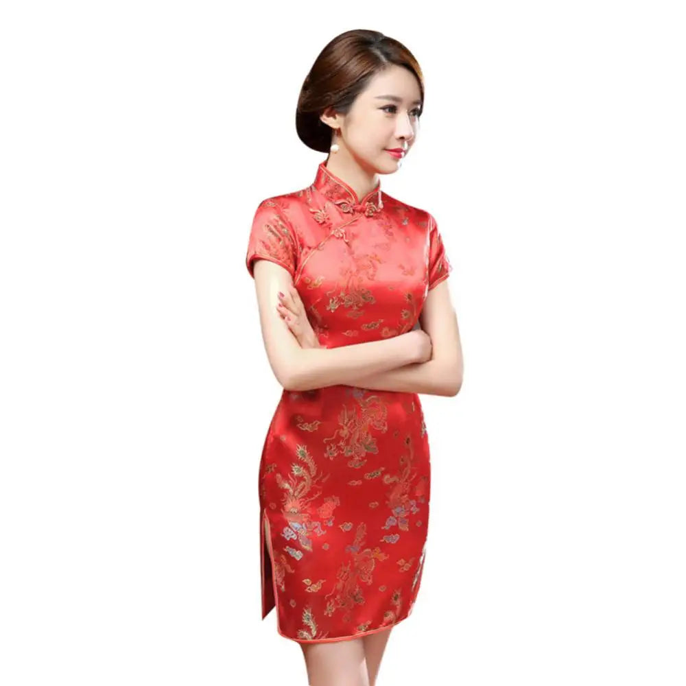 Vintage Summer Short Cheongsam Dress Chinese Dragon Phoenix Embroidery High Neck Slim Vestido Qipao Dresses Split Mini Dress - Seprincess