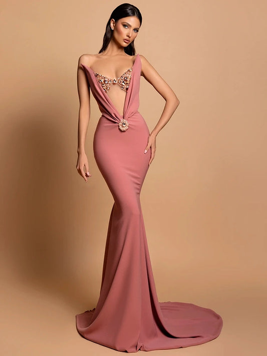 Sexy Strapless V Neck Hollow Out Rhinestone Maxi Dress Women Pink Velvet Sleeveelss Diamonds Slim Long Dresses Cocktail Party - Seprincess