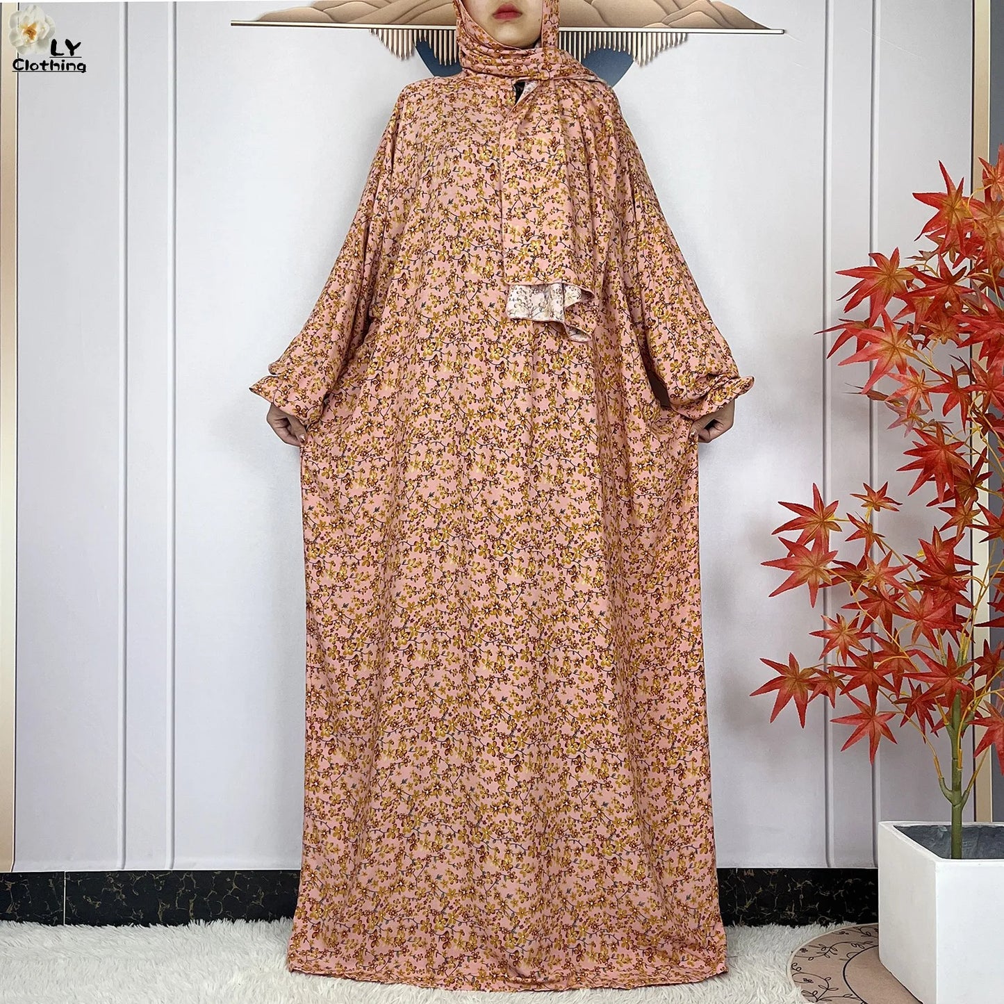 2024Latest Muslim Abayas For Women Ramadan Prayer Maxi Dubai Turkey Femme Cotton Robe Floral Loose African Dress Turban Attached - Seprincess