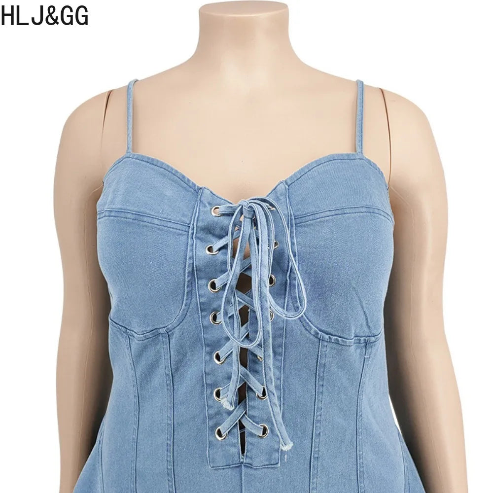 HLJ&GG Plus Size Women Denim Lace Up Suspenders Dresses Sexy Thin Sleeveless Backless Ruched Mini Dress Female Cowboy Clothing - Seprincess