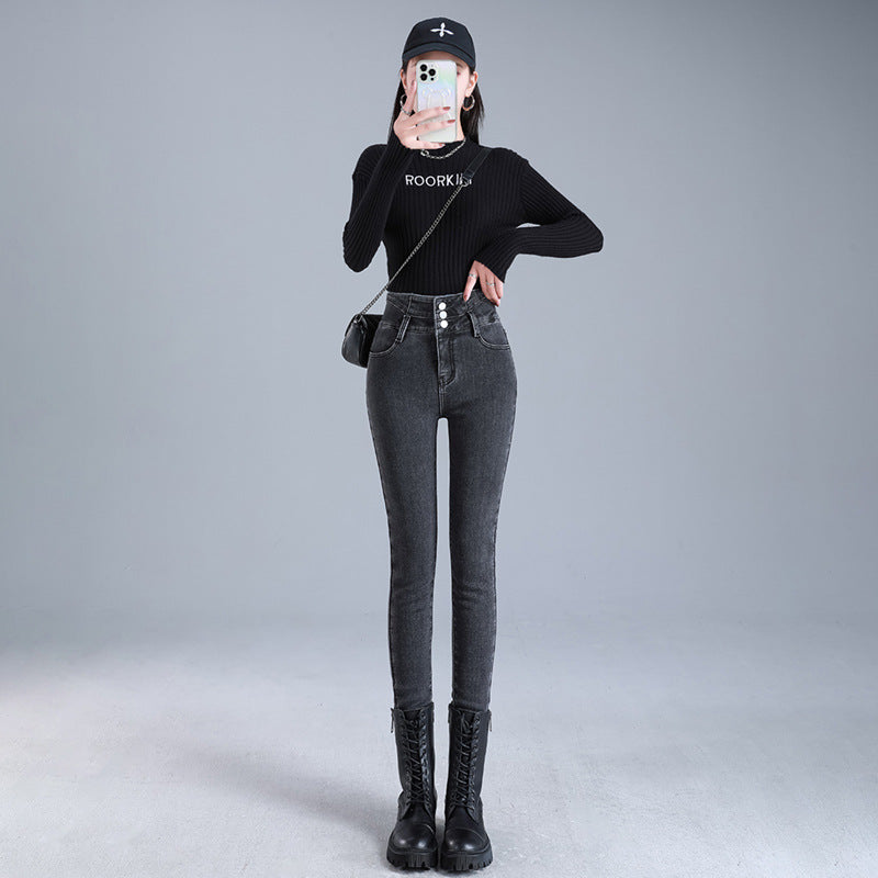 Women Thermal High Waist Jeans Winter Snow Warm Plush Stretch Jeans Lady Skinny Thicken Students Denim Pants Fleece Fur Trousers