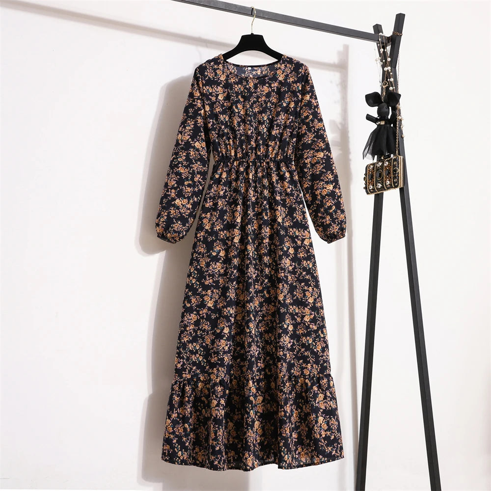 Autumn Spring Chiffon Dress Women Maxi Dresses VestidoesFashion Female Full Sleeve Vintage Printed Floral Casual Long Dresses - Seprincess