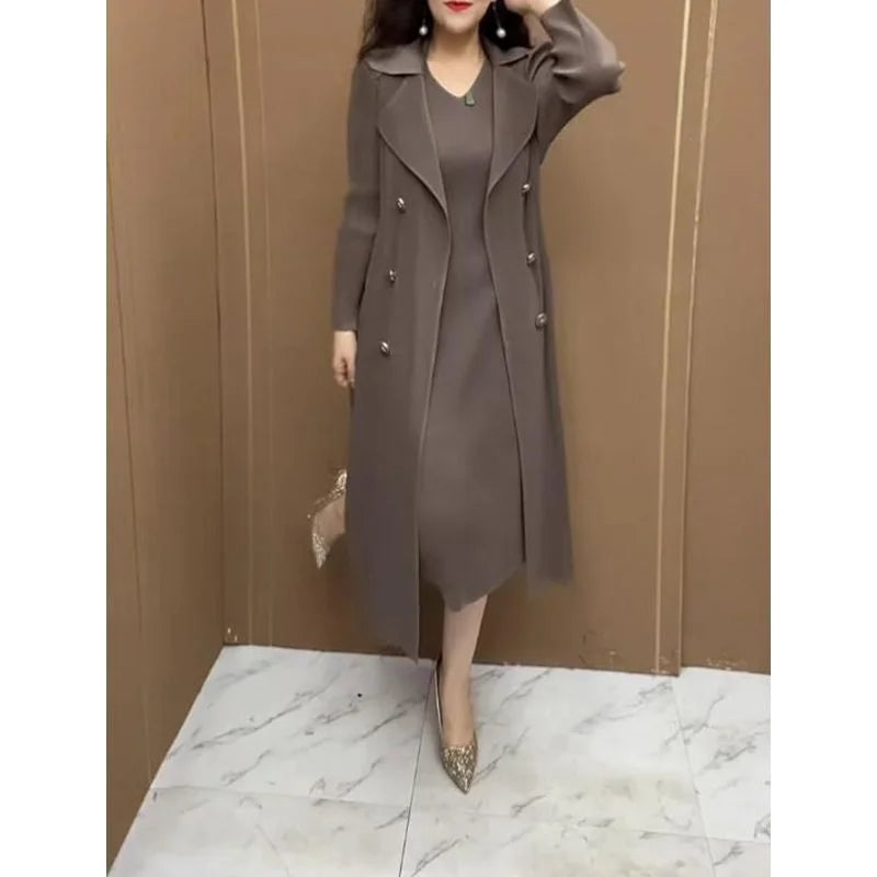 Spring Autumn Fashion Slim Pleated Suit Collar Fake Two Piece Windbreaker Coat Comfortable Waist Shrinking Elastic Dress Belt - Seprincess