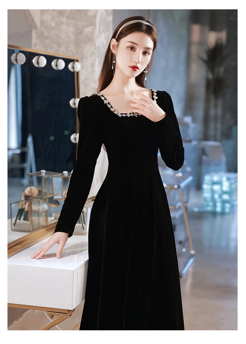 Black Evening Dresses Long Sleeve Square Collar Elegant Velvet Dress Beading Crystal Formal Gowns 2023 New Vestido - Seprincess