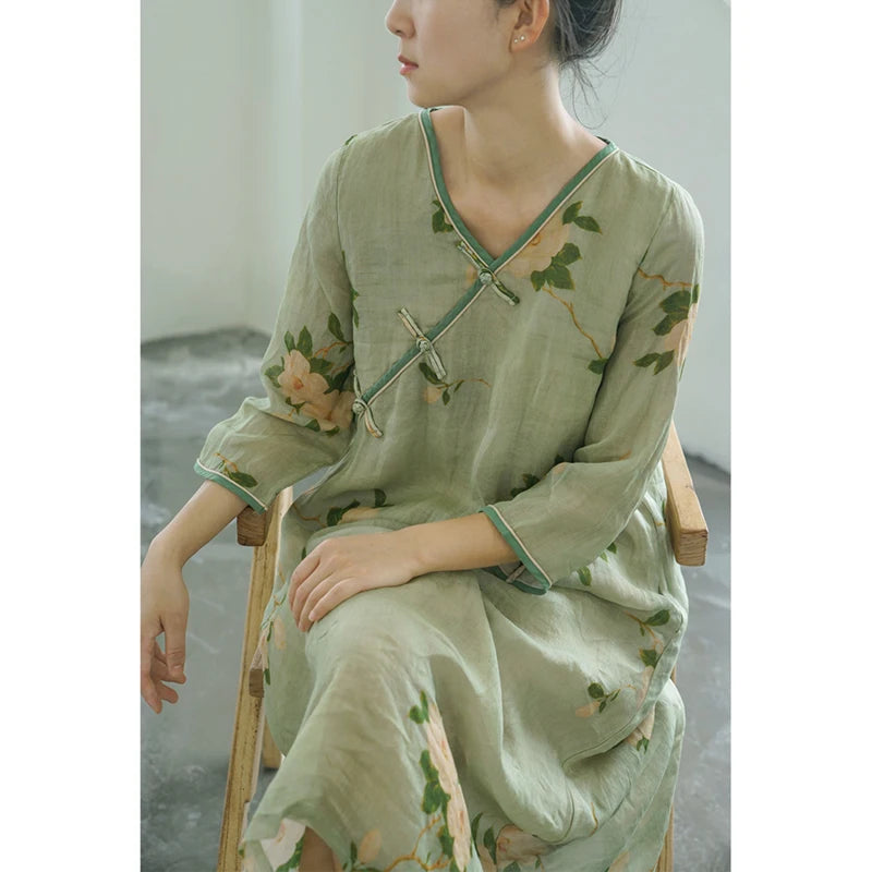 Vintage Robes Original Art Female Loose Qipao Chinese Improved Cheongsam Dress Women Printed V-neck Button Seven-point Sleeve - Seprincess