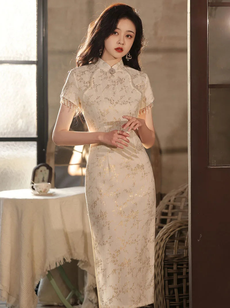 Women Summer Lace Gold Cheongsam Dress New French Style Wedding Evening Dress Vintage Female Tassels Sleeve Qipao S To 3XXL - Seprincess