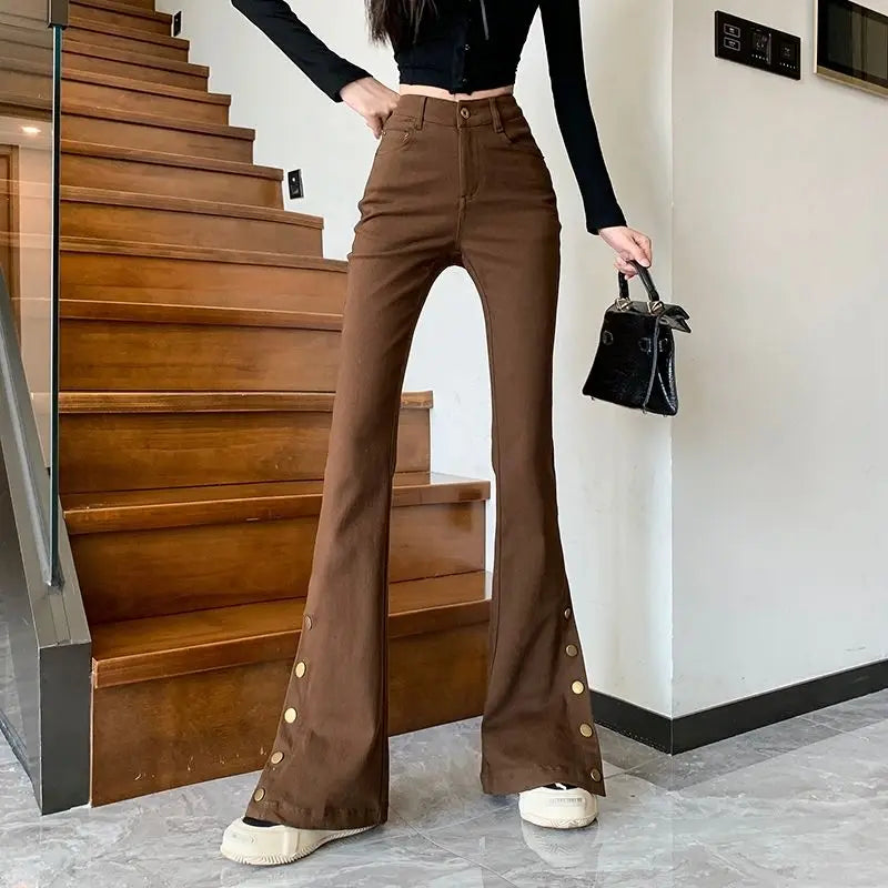 Micro-boot jeans brown buttoned design women's autumn and winter new high-waisted slim straight-leg floor mopping pants