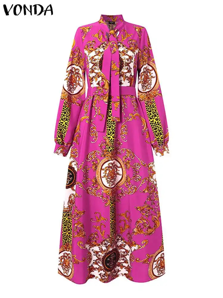 VONDA Maxi Dress 2024 Summer Women Bohemian Printed Party Sundress Long Sleeve Stand Collar Casual Robe Holiday Vestidos Belted - Seprincess