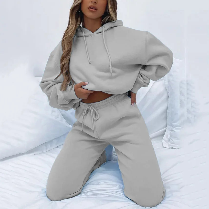 Women Two Piece Sets Tracksuit outfit Hooded Sweatshirts Pocket Drawstring Long Pants Suit Thick Casual Office Lady Autumn