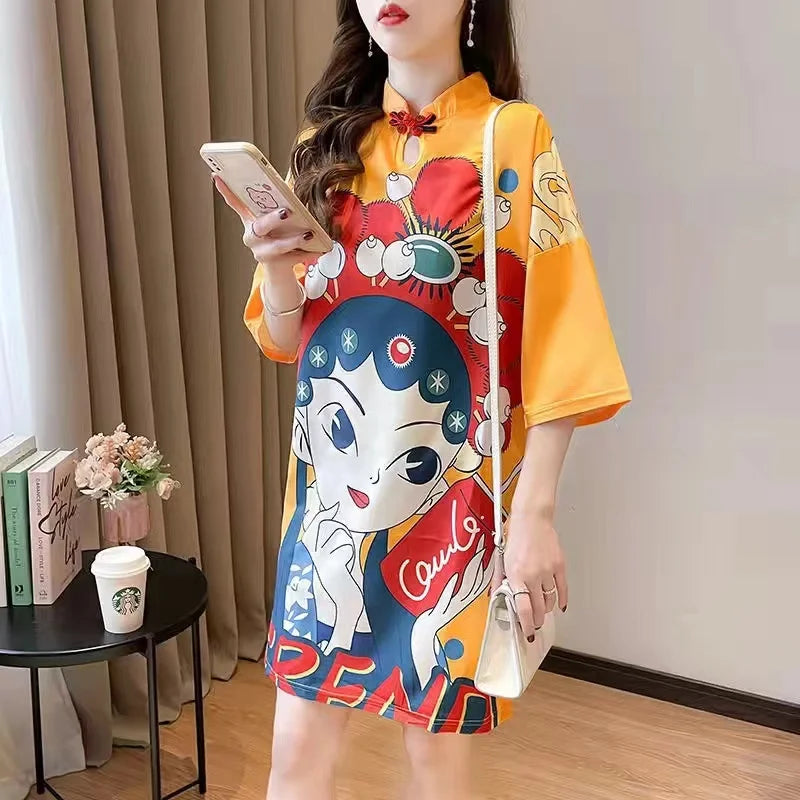 Chinese Fashion Print Dress Women Summer Long Sleeve National Style Cheongsam 2022 Modern Improve Vintage Elegant Loose Qipao - Seprincess