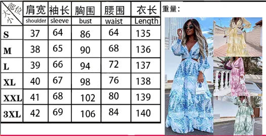 Spring New Long Dress Fashion Print Sexy Deep V-neck Long Sleeved Dress Women's Elegant Hollow Out Ruffle Spliced Maxi Dress - Seprincess