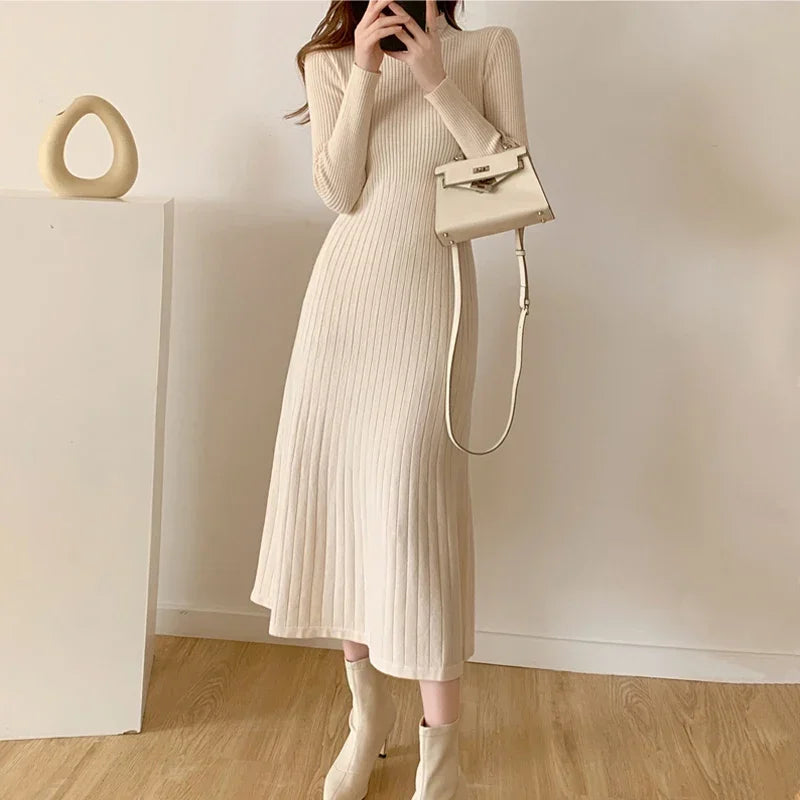 2024 Winter New Slim Long Sleeve Party Dress Womens Knitted Half High Neck Elegant Knitted Sweater Dress Women - Seprincess