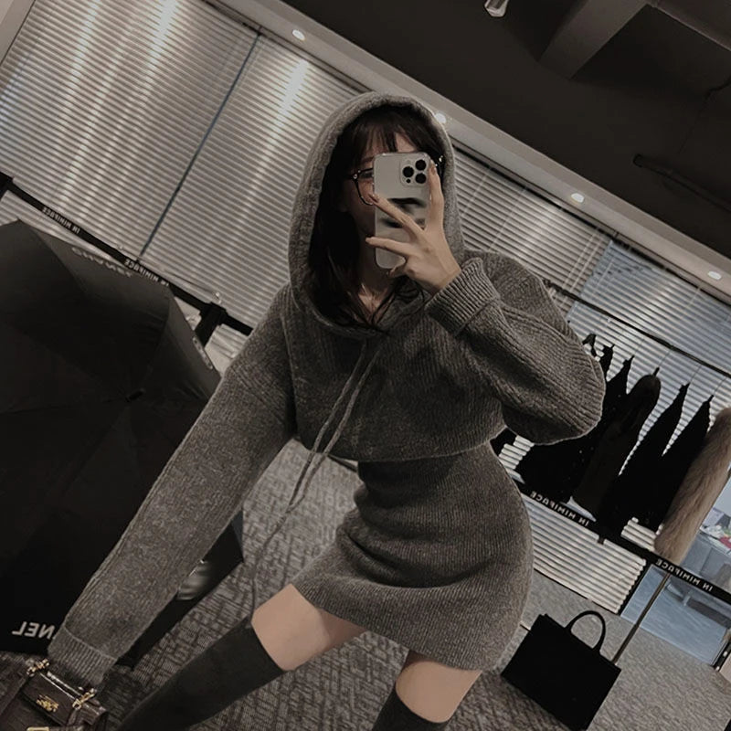 MEXZT Streetwear Knitted Mini Dress Women Hooded Sweater A Line Dresses Winter Korean Solid High Waist Slim Casual Vestidos New - Seprincess