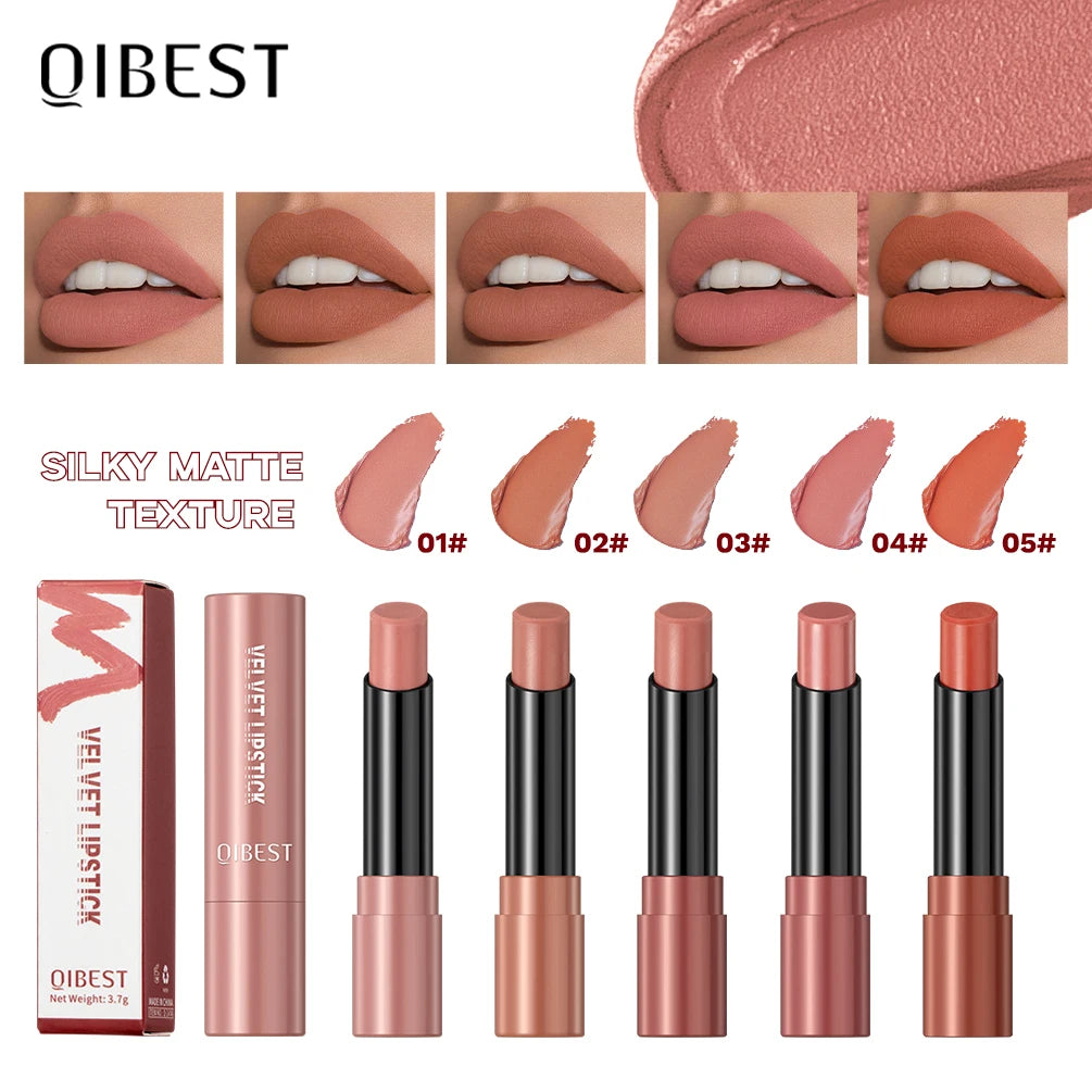 QIBEST Matte Lipstick Long Lasting Velvet Mist Nude Brown Lipstick Non-Stick Cup Classic Highly Pigmented Red Lip Stain Cosmetic - Seprincess