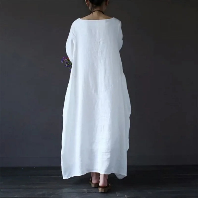 2022 Spring New Loose Size Round Neck Mid-Sleeve Large Swing Cotton And Linen Long Dress - Seprincess