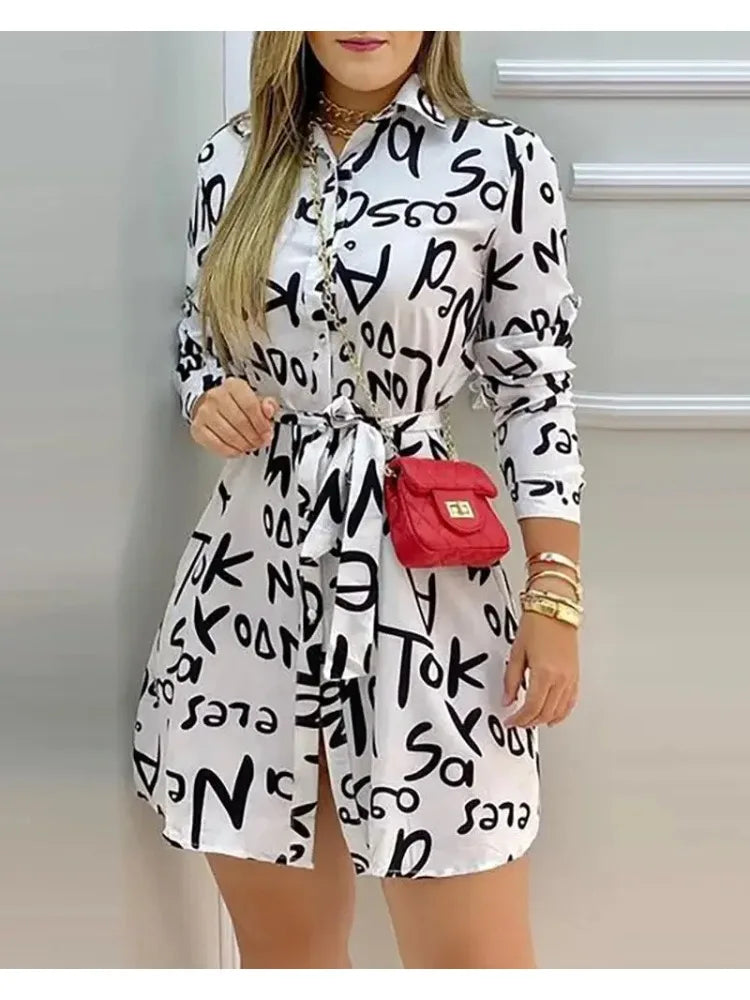 Women Elegant Dress Letter Print Long Sleeve Casual Shirt Dress Summer Spring Vacation Mini Dresses Office Lady 2024 vestidos - Seprincess