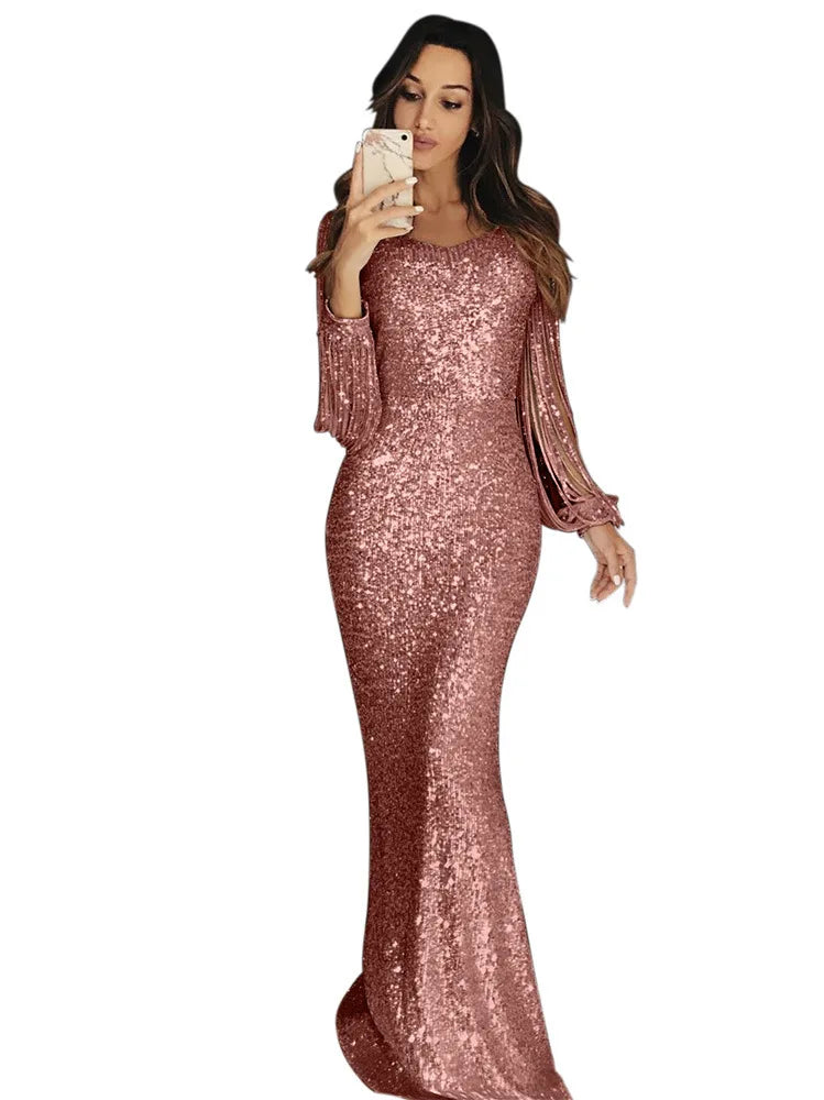 Spring 2022 Women Fashion Elegant Sequins Solid Color Maxi Wedding Evening Party Dress Female Long Tassel Sleeve Bodycon Dresses - Seprincess