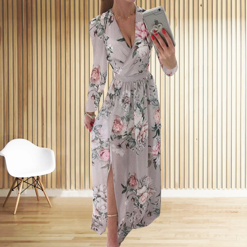 Amazon eBay Cross border 2024 Summer Chiffon Printed Long Dress V-neck Dress Long Sleeve Split Dress Women - Seprincess