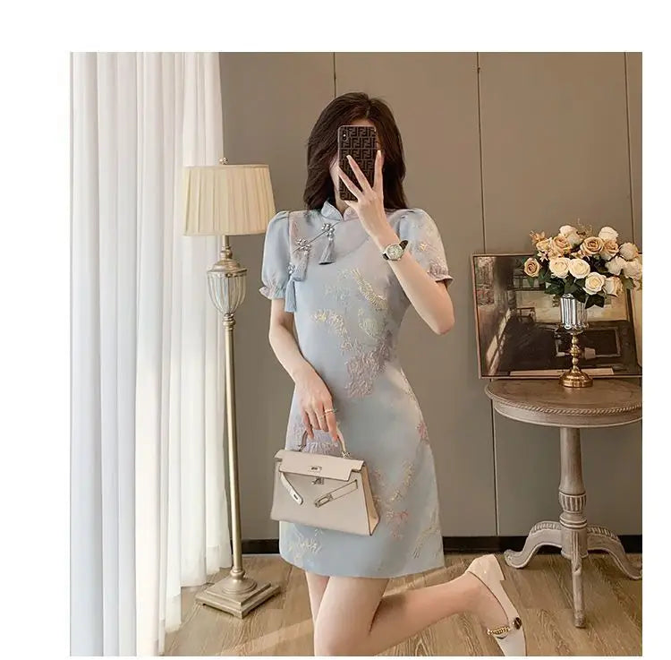 Chinese Style Elegant Cheongsams Dress Summer Women Vintage Floral Embroidery Qipao Mini Dress Lady Chic Tassels Slim Vestidos - Seprincess