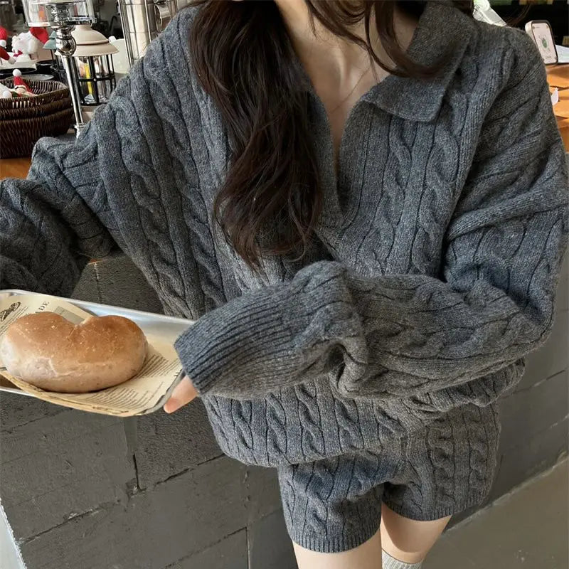 Korean Style Premium Knited Sweater Loose Casual Polo Neck Pullover Women Top Shorts Autumn WinterTwo Piece Set Women Outfits - Seprincess