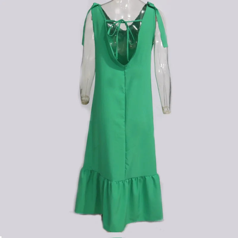 Summer 2024 Green V-neck Lace Up Dress Loose Casual Dress Long Dress Solid Bohemian Beach Skirt - Seprincess