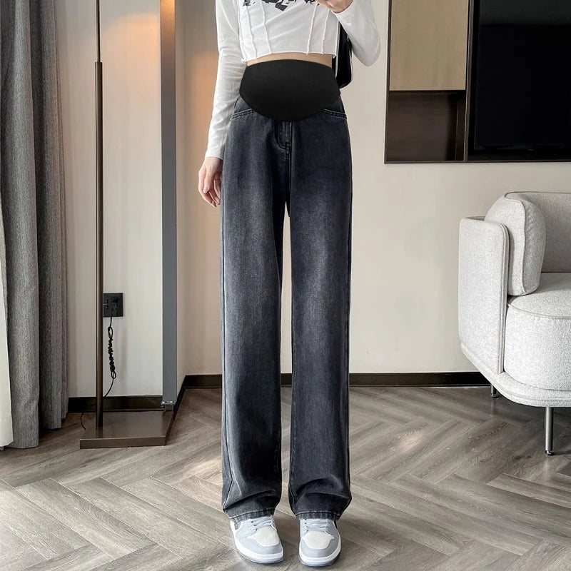 Autumn and Winter Pregnant Women's Belly Pants Fashion Loose Straight Leg Korean Style High Waist Maternity Jeans Denim Trousers