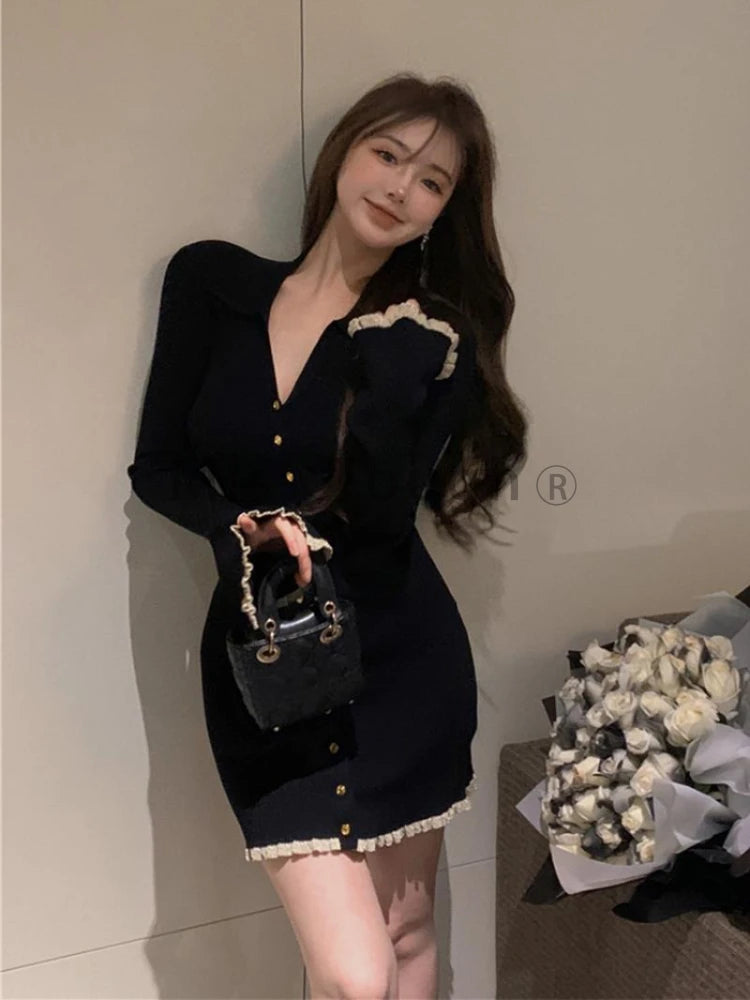 Winter Knit France Vintage One Piece Dress Women Sexy V-neck Elegant Sweater Mini Dress Female Korean Style Chic Dress 2023 New - Seprincess