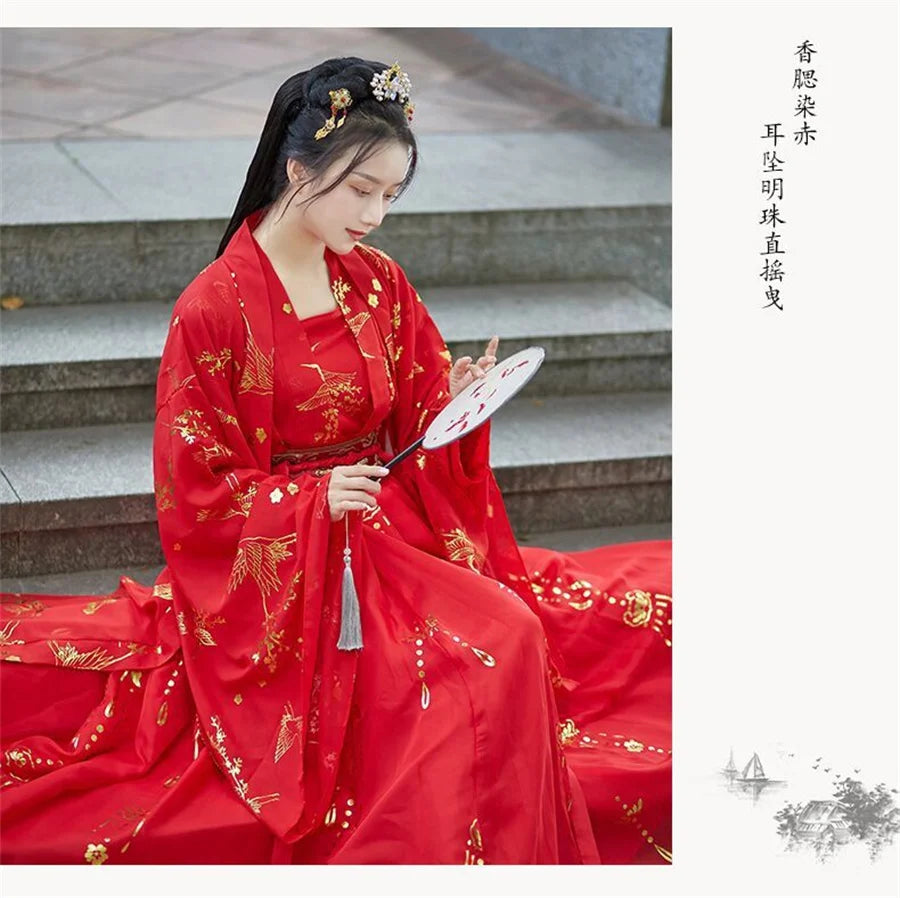 Chinese Hanfu Dress Women Traditional Vintage Hanfu Halloween Cosplay Costume Dance Dress Hanfu Gradient Red white 4pcs Sets - Seprincess