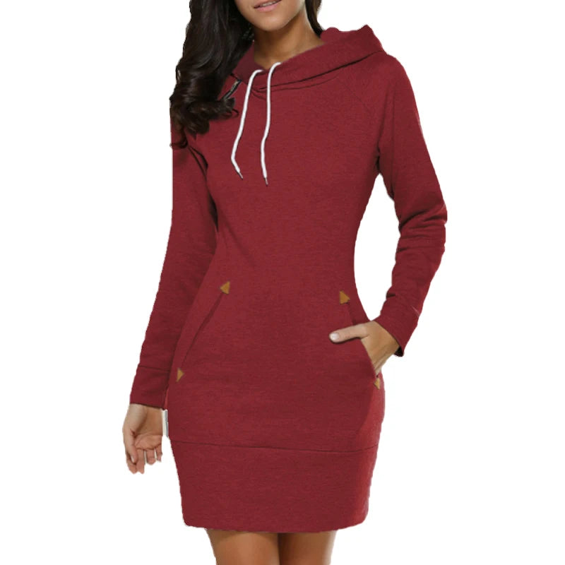 Fashion Sweatshirt Dresses for Women Pocket Hooded Casual Dress Solid Color Long Sleeve Mini Dress - Seprincess