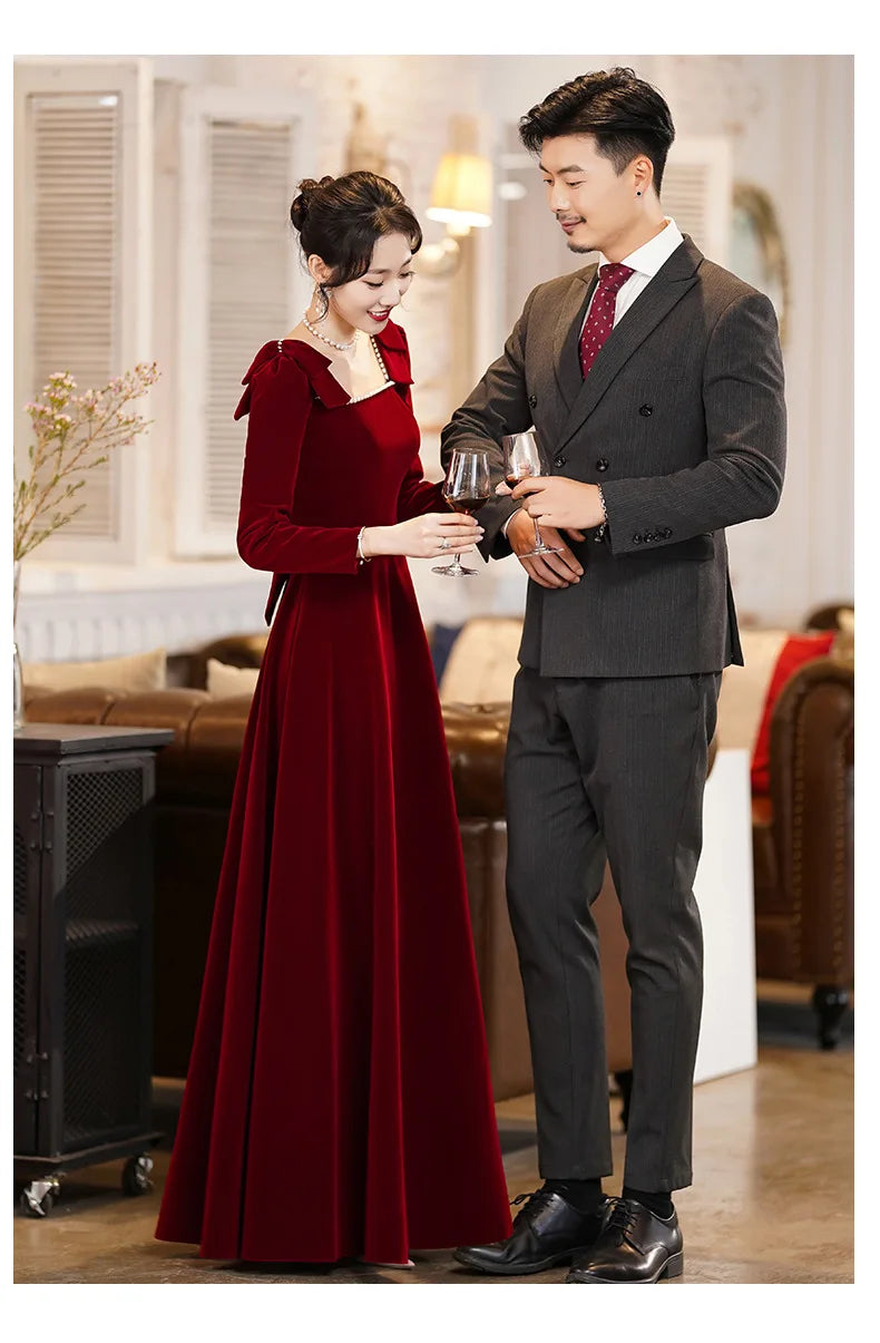 Burgundy Velvet Evening Dress Elegant Beaded Square Collar Engagement Dresses Temperament Bow Long Sleeve Formal Banquet Gown - Seprincess