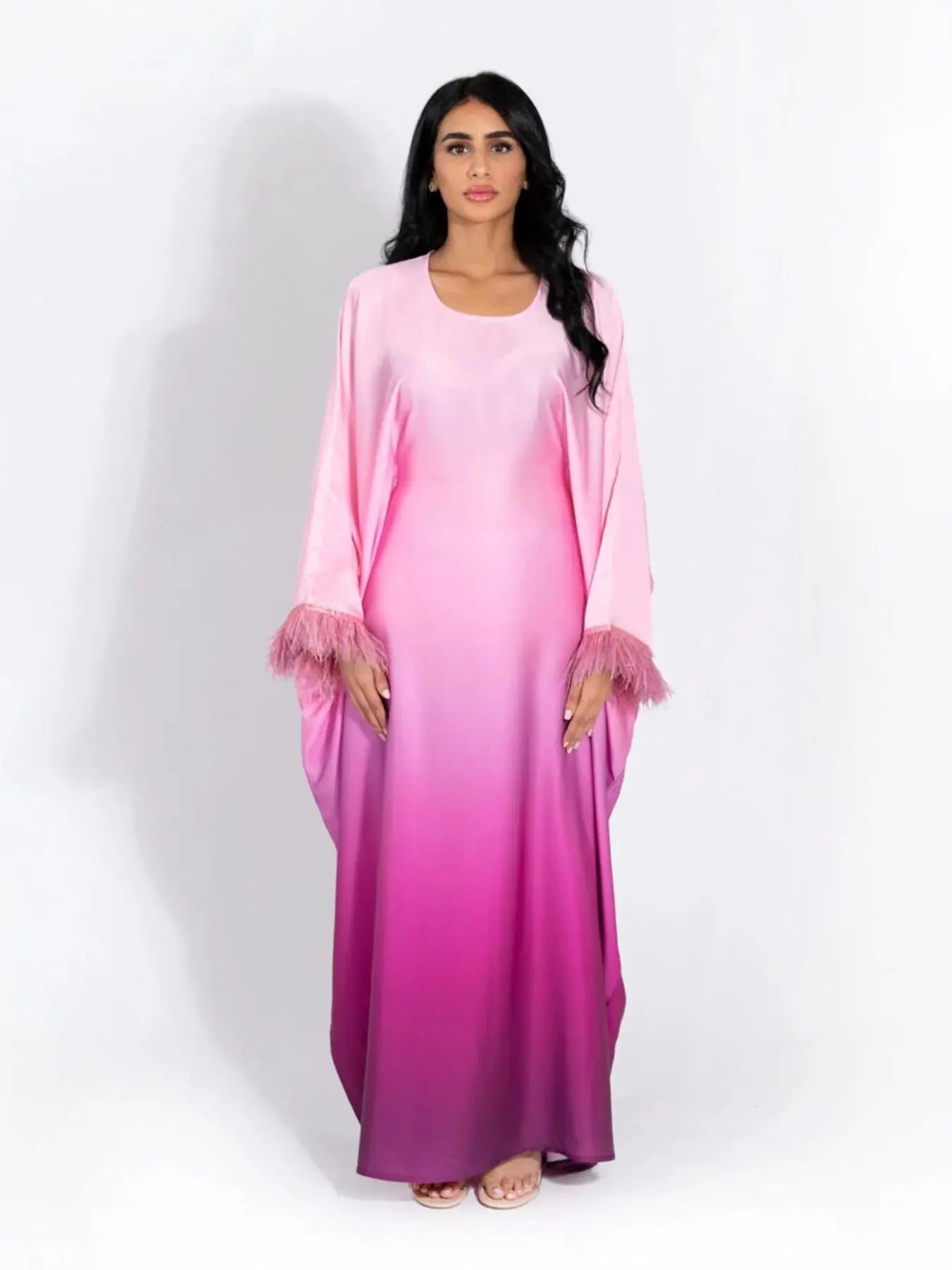 Fashion Shiny Feather Cuff Muslim Dress Robe Female Full Length Soft Butterflies Abaya Muslim Dress Worship Service Abaya wy2073 - Seprincess