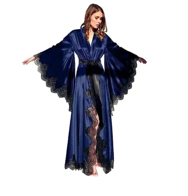 Women Robes Sleepwear Kimono Pajamas Pure Long Black Silk Satin Lace Trim Photography Dress Wedding Bride Gown Photo Shoot - Seprincess