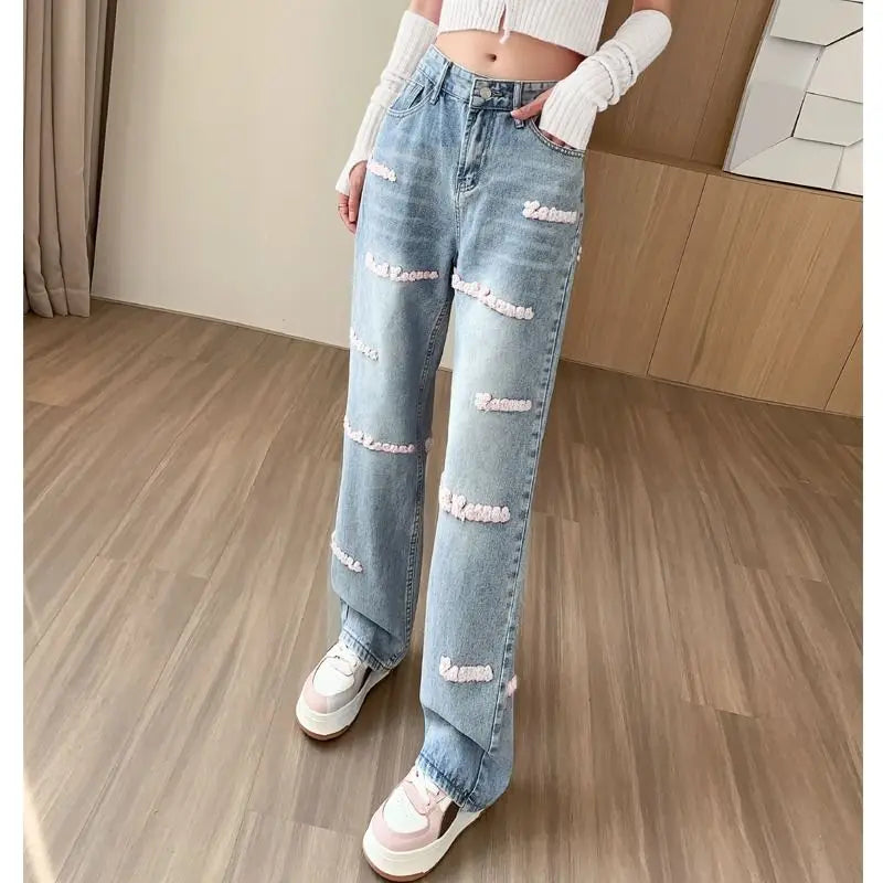 Black and Red Letter Embroidered Jeans Female Y2K Spring and Autumn New High Waist Loose Couple Casual Slim Wide Leg Mop Pants