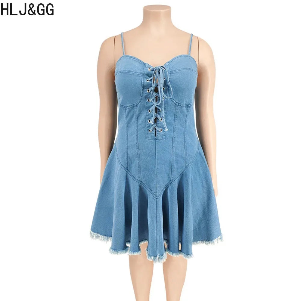 HLJ&GG Plus Size Women Denim Lace Up Suspenders Dresses Sexy Thin Sleeveless Backless Ruched Mini Dress Female Cowboy Clothing - Seprincess