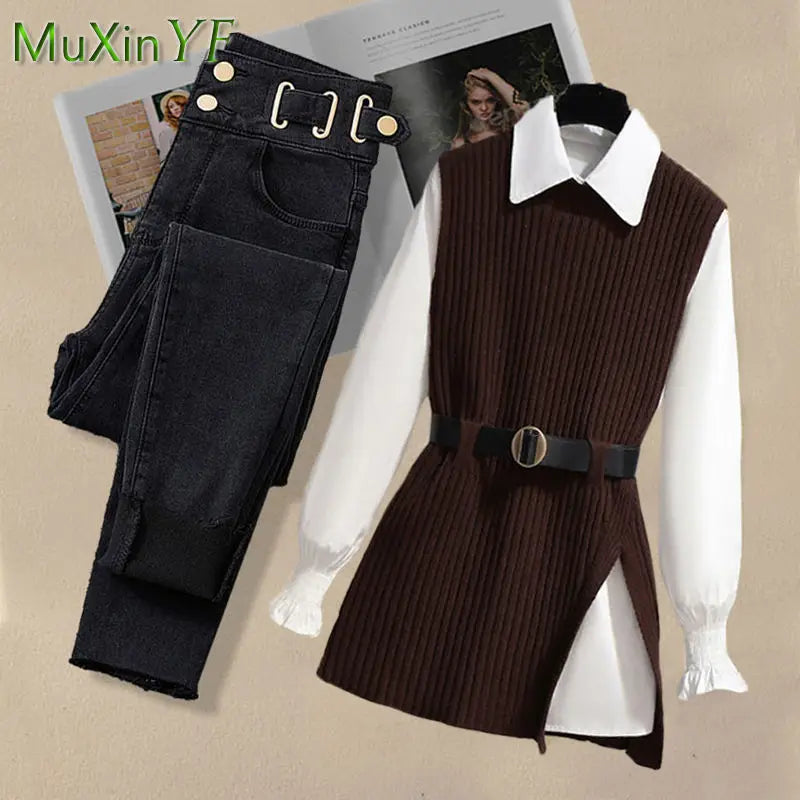 2024 Spring New Korean Elegant in Matching Set Women's Fashion Knitted Vest+Shirt+Jeans Three Piece Female Chic Denim Pants Suit - Seprincess