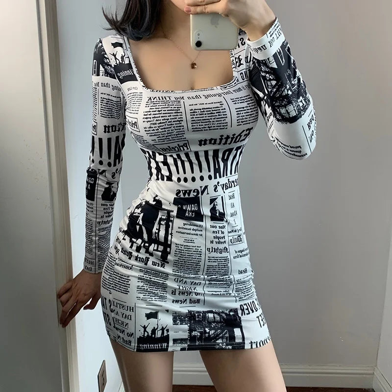 Hot-selling Printed Europe Newspaper Sexy Mini Dress 2020 Autumn New Fashion Street Shooting Slim Girl Female Square Collar ZW0 - Seprincess