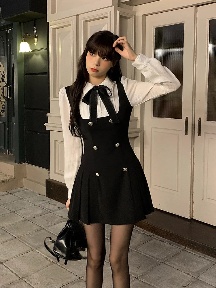 2022 Autumn Fake Two Dress Women Slim Chic Long Sleeve Bow Casual Y2k Mini Dress Female Korean Fashion Elegant Short Party Dress - Seprincess