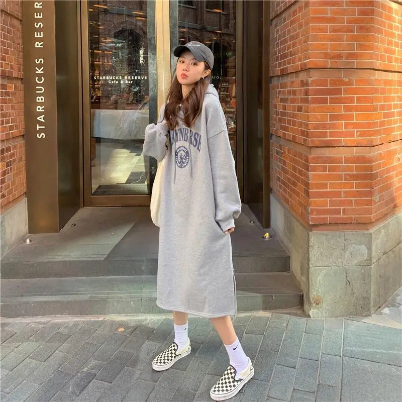 Autumn Winter Women Fleece Thicken Hooded Dress Print Letter Drawstring Korean Fashion Loose Midi Side Slit Oversized Dresses