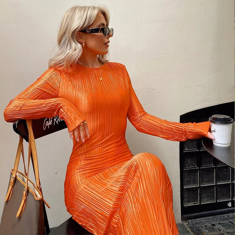 Hawthaw Women Fashion Long Sleeve Streetwear Bodycon Orange Midi Dress 2022 Autumn Clothes Wholesale Items For Business - Seprincess