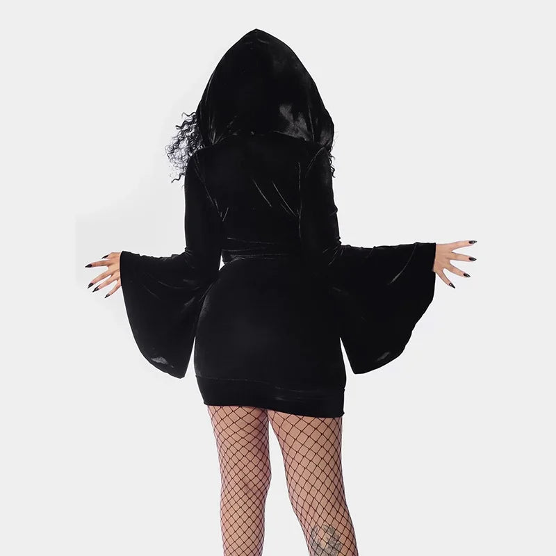 Halloween Cosplay Witch Dress Costume Hooded E-girl Gothic Dark Academia Mini Dress Vintage Flare Sleeve Wrap Bodycon Hip Dress - Seprincess