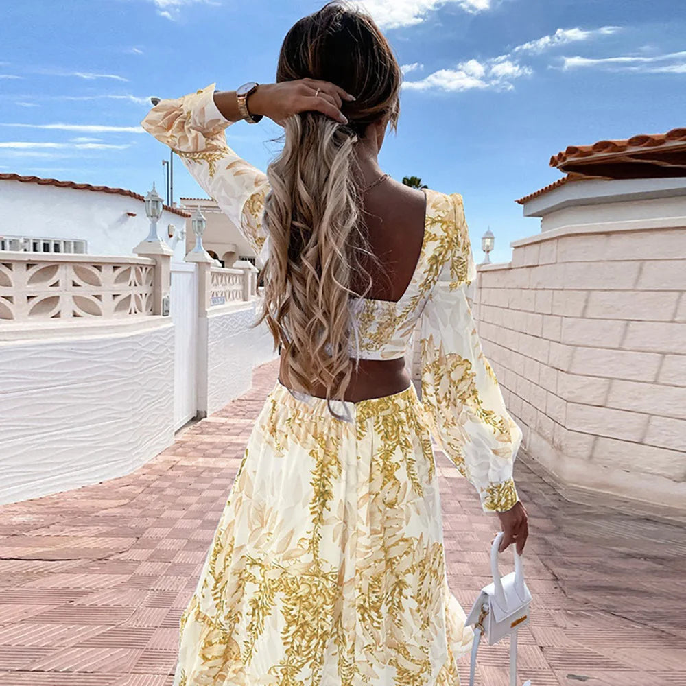 Spring New Long Dress Fashion Print Sexy Deep V-neck Long Sleeved Dress Women's Elegant Hollow Out Ruffle Spliced Maxi Dress - Seprincess