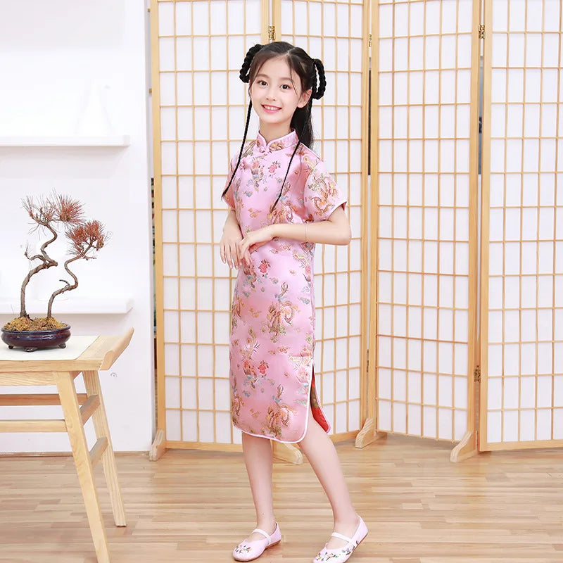 Classical Chinese Style Qipao Children Cheongsam Silk Brocade Princess Dress Baby Girl Print Cheongsams Handmade Button Clothing - Seprincess